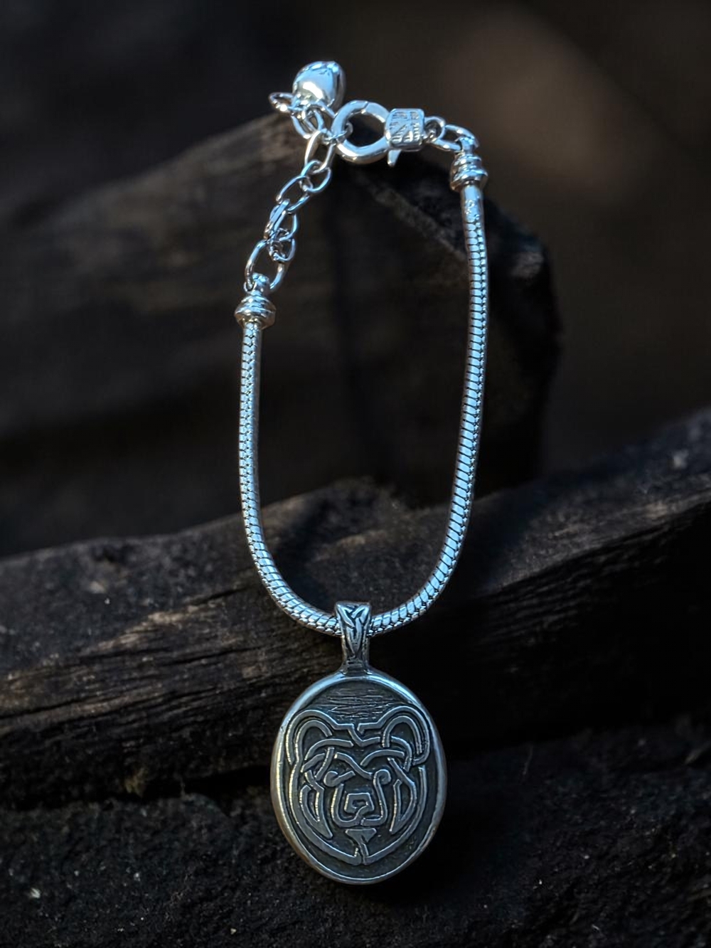 Celtic Bear Sterling Silver Snake Chain Bracelet Wisdom Strength